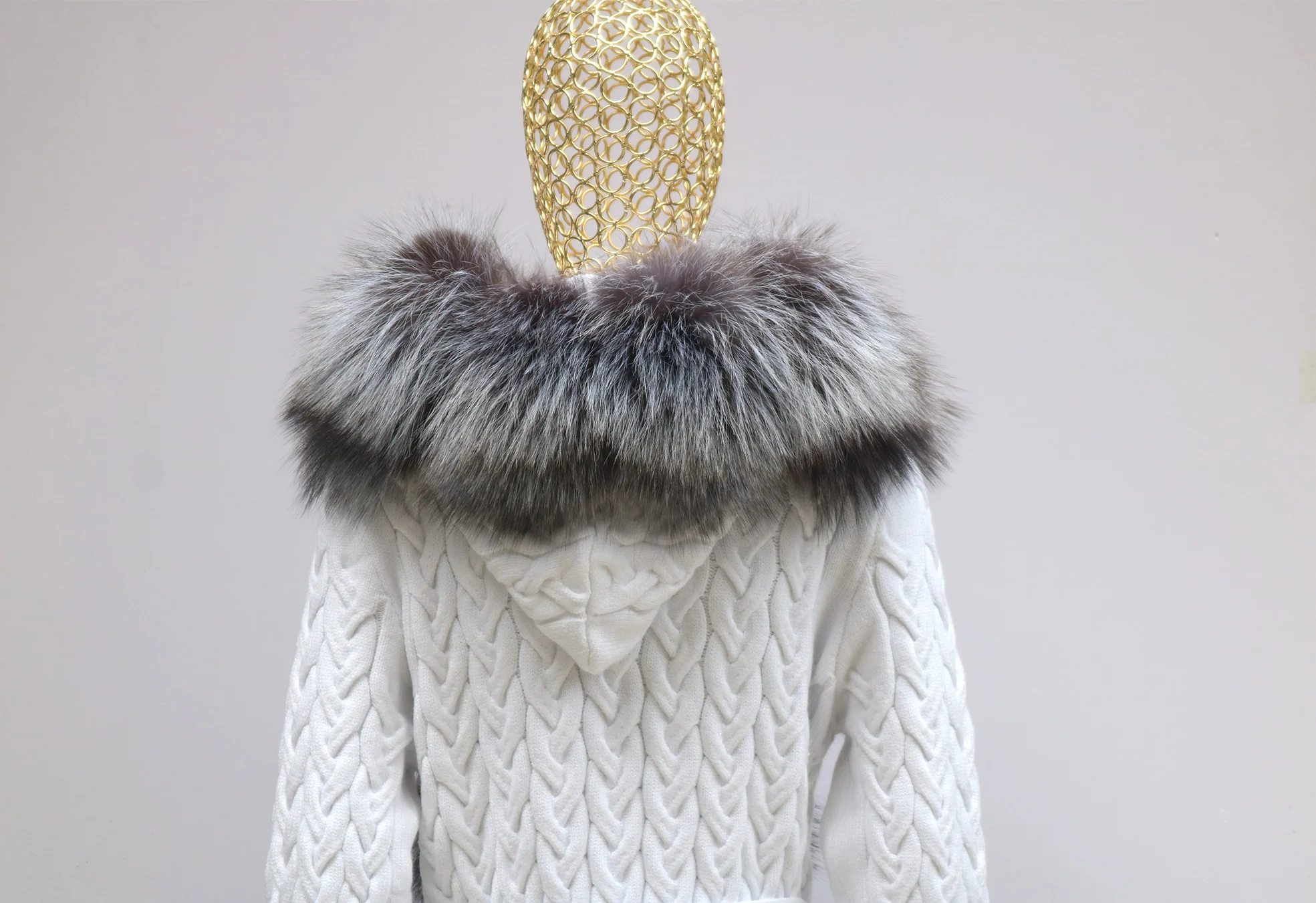 Natural Fox Fur Cardigan Long Women Winter Knitted Sweater With Hood Female