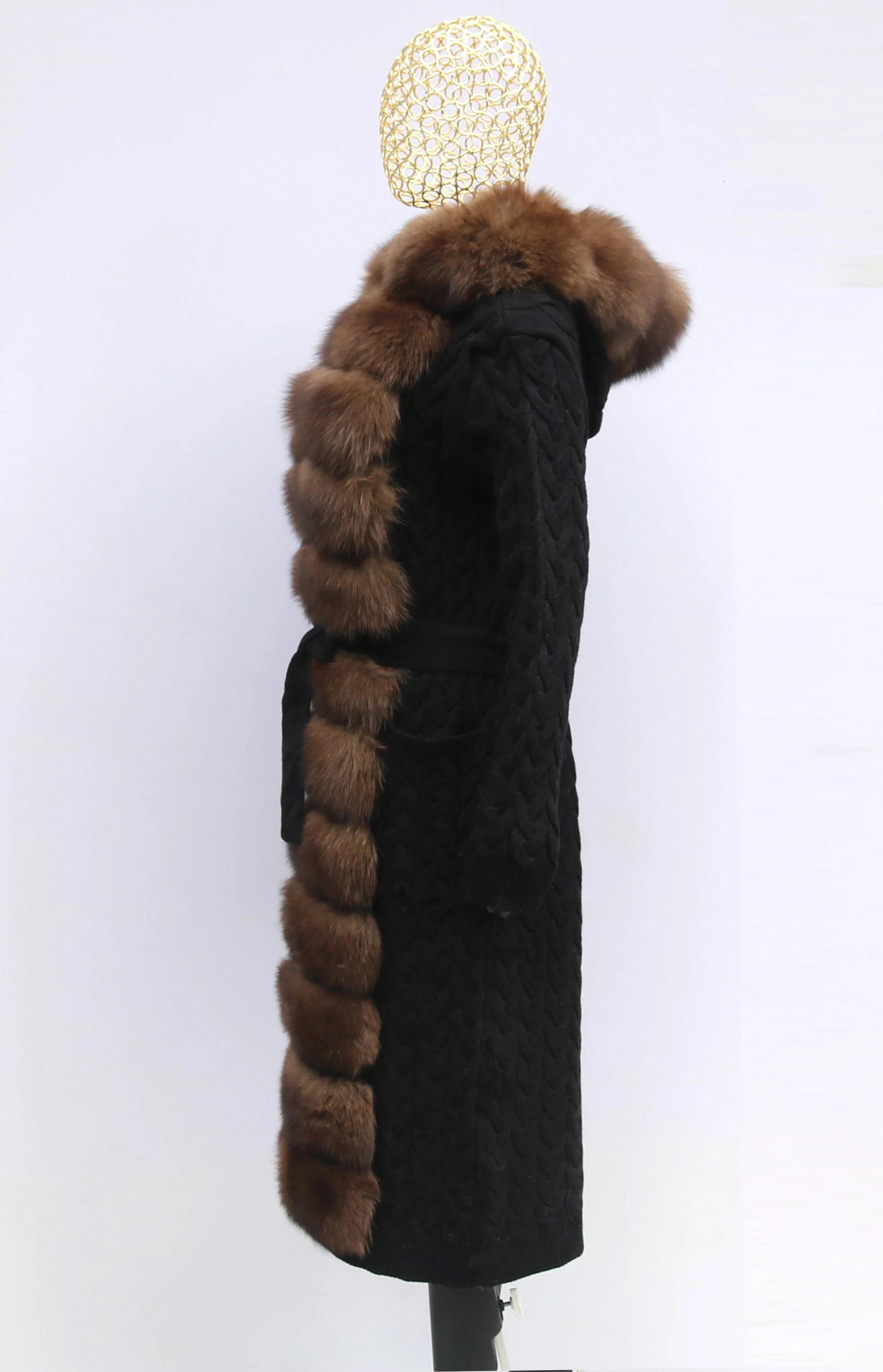 Natural Fox Fur Cardigan Long Women Winter Knitted Sweater With Hood Female