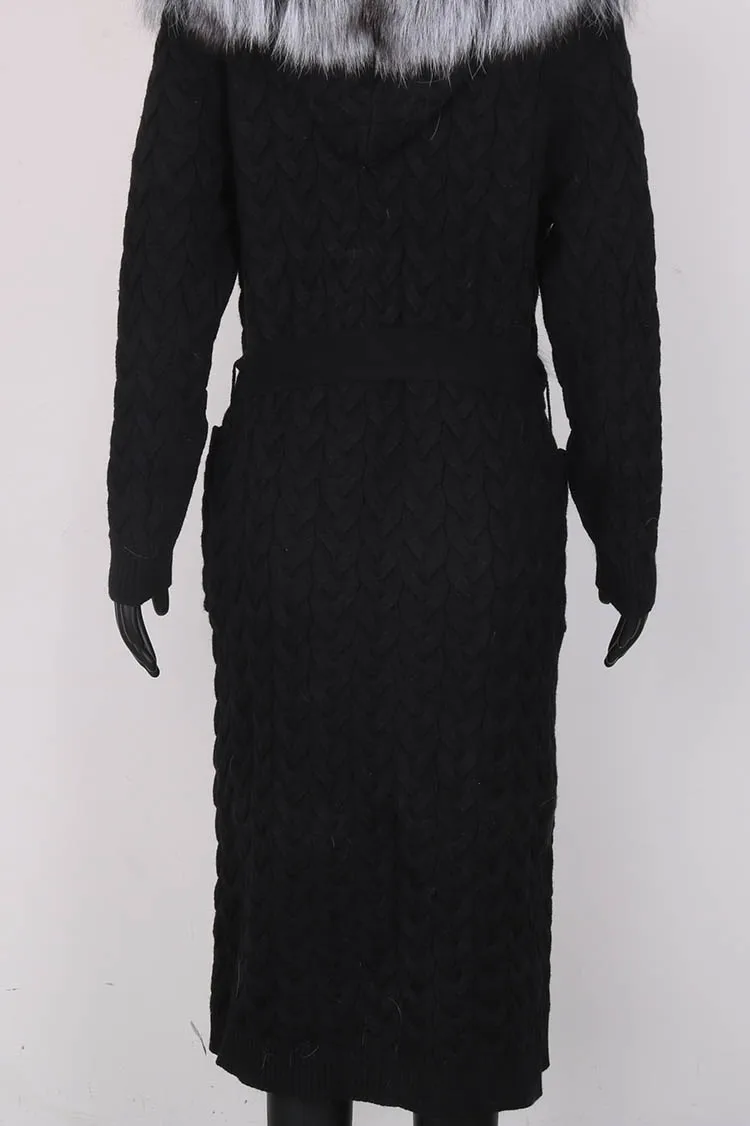 Natural Fox Fur Cardigan Long Women Winter Knitted Sweater With Hood Female