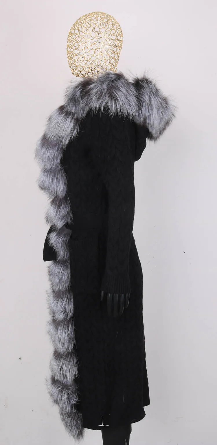 Natural Fox Fur Cardigan Long Women Winter Knitted Sweater With Hood Female