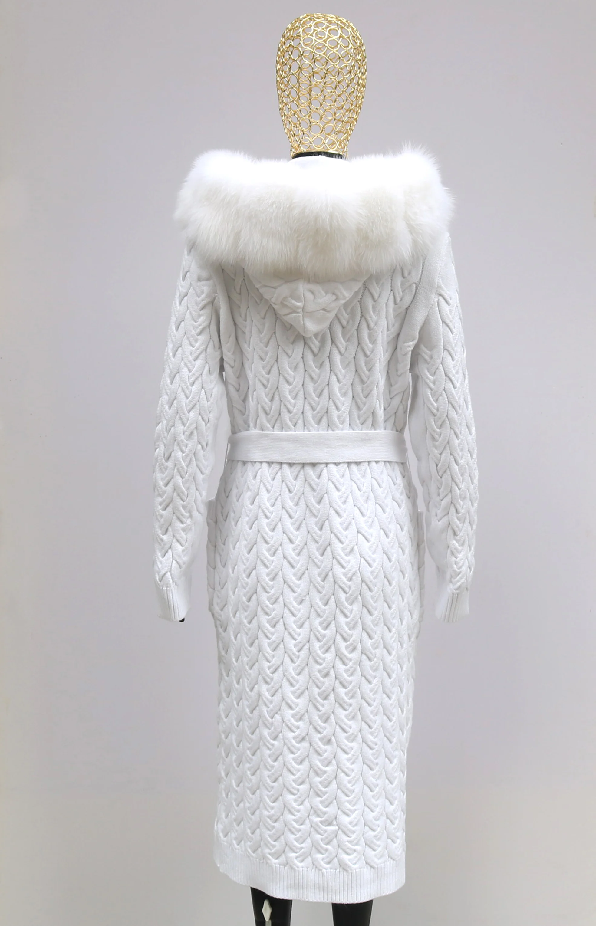 Natural Fox Fur Cardigan Long Women Winter Knitted Sweater With Hood Female