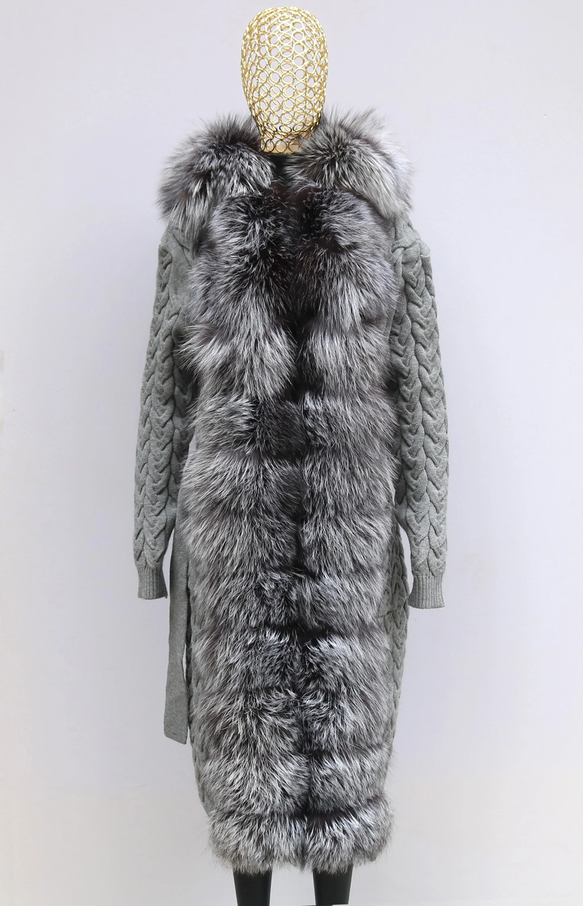 Natural Fox Fur Cardigan Long Women Winter Knitted Sweater With Hood Female