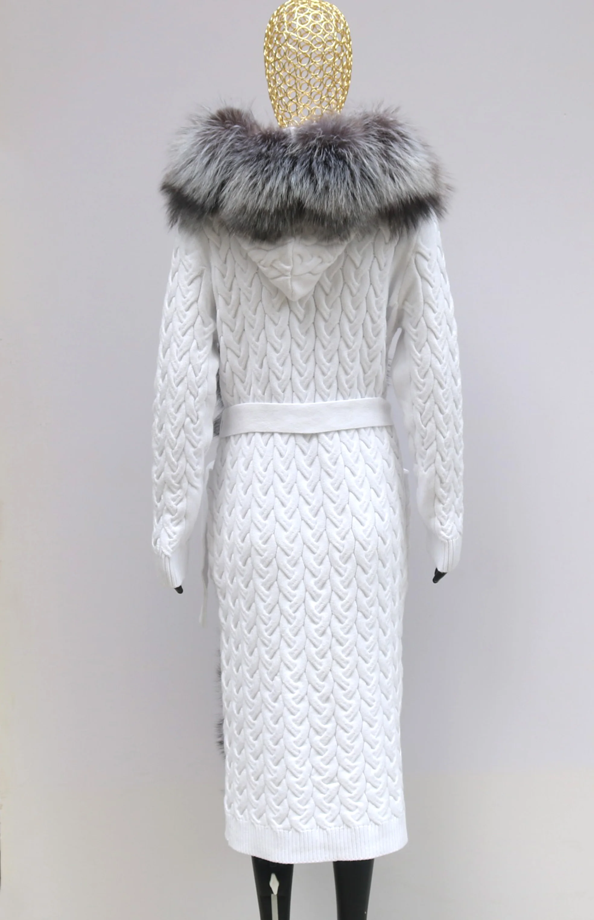 Natural Fox Fur Cardigan Long Women Winter Knitted Sweater With Hood Female