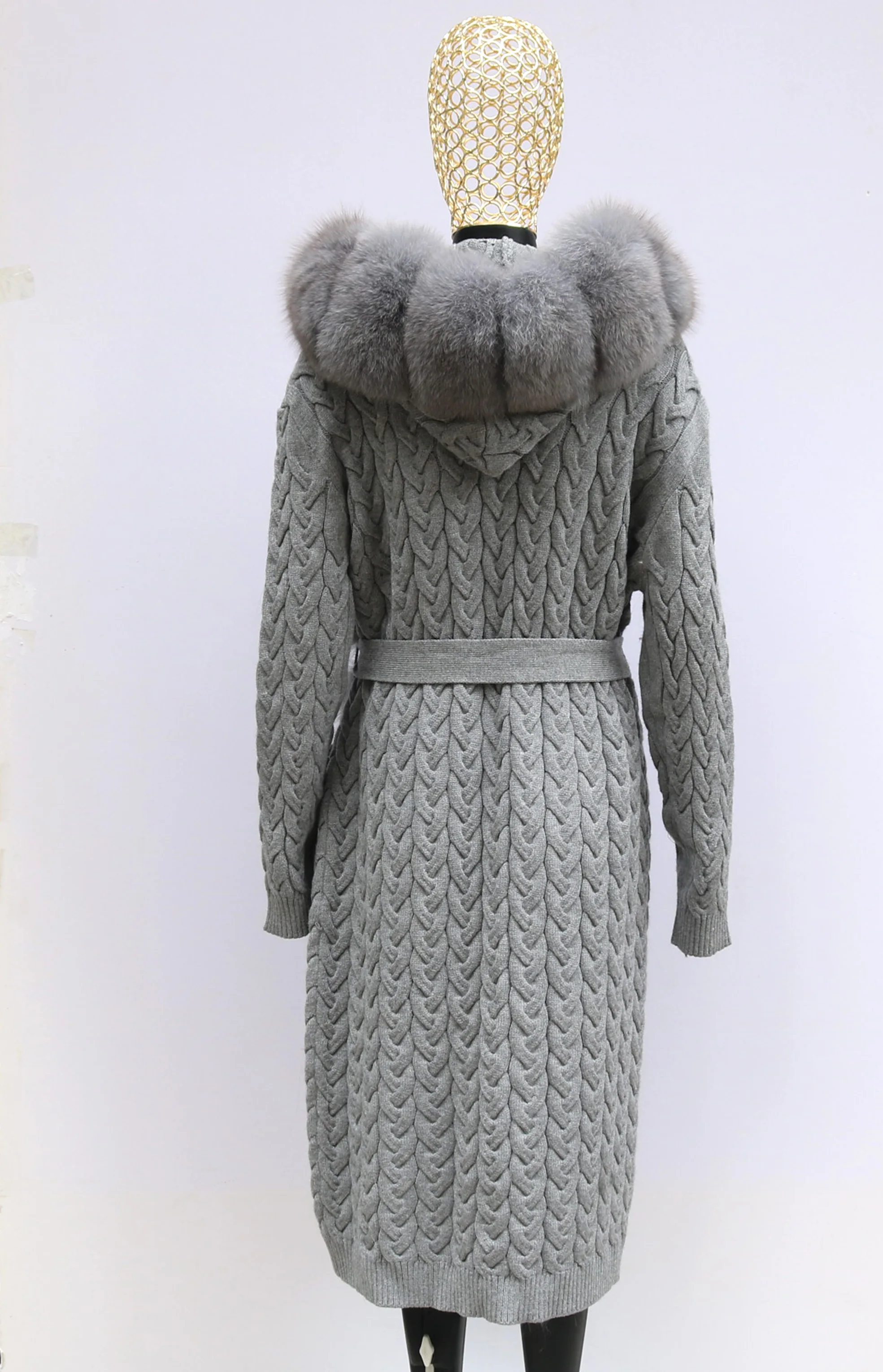 Natural Fox Fur Cardigan Long Women Winter Knitted Sweater With Hood Female
