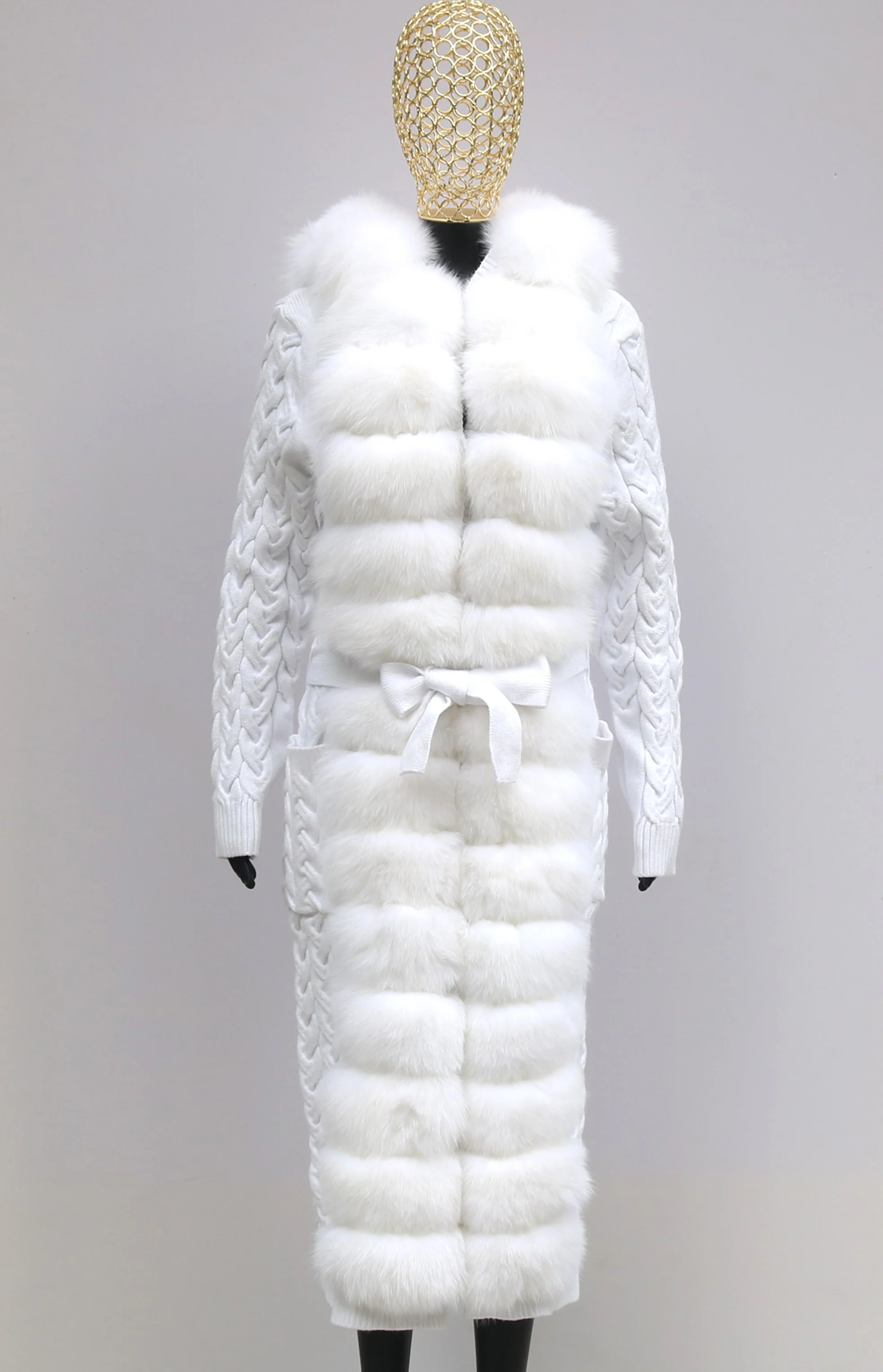 Natural Fox Fur Cardigan Long Women Winter Knitted Sweater With Hood Female
