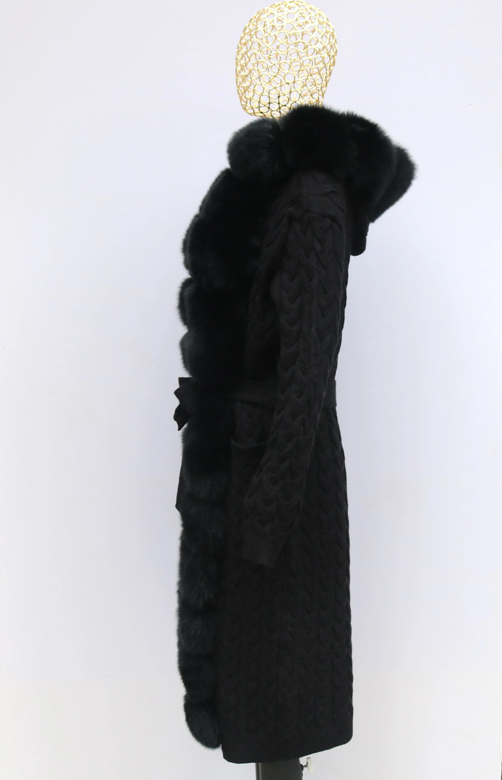 Natural Fox Fur Cardigan Long Women Winter Knitted Sweater With Hood Female