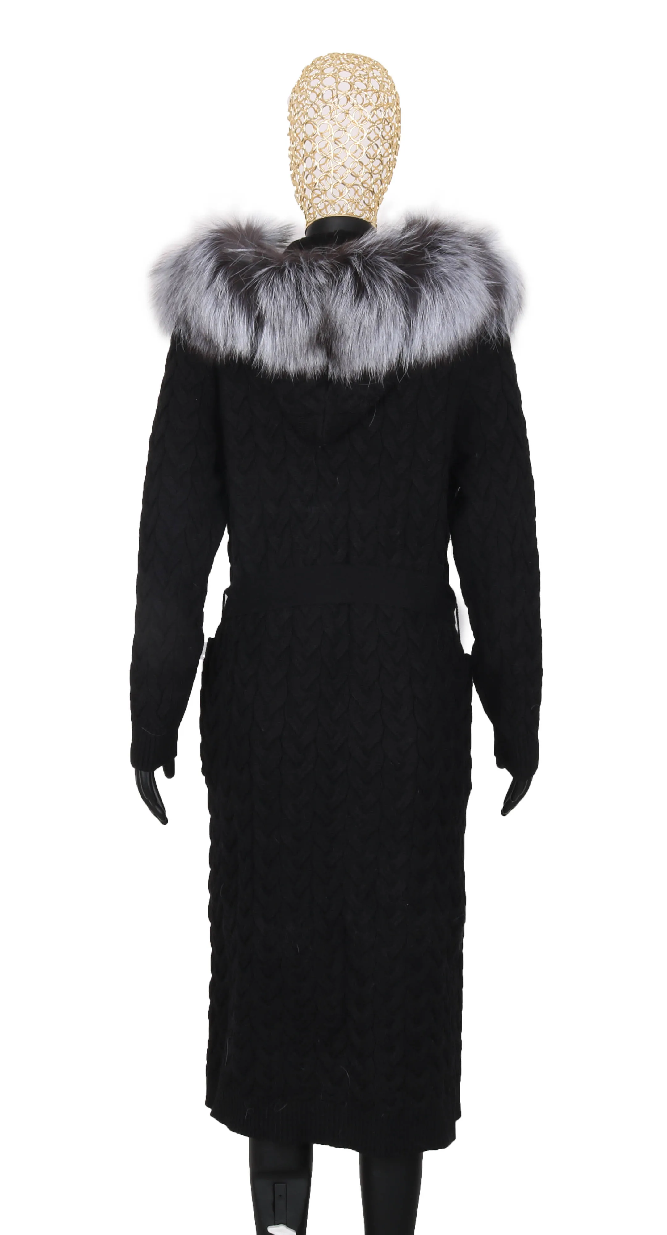 Natural Fox Fur Cardigan Long Women Winter Knitted Sweater With Hood Female