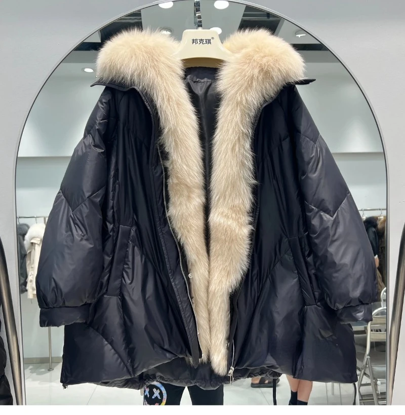 OFTBUY 2023 Real Natural Fox Fur New Winter Women White Goose Down Jacket Loose Warm Puffer Coat Female Thick Mid-Long Parkas