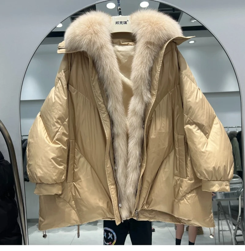 OFTBUY 2023 Real Natural Fox Fur New Winter Women White Goose Down Jacket Loose Warm Puffer Coat Female Thick Mid-Long Parkas