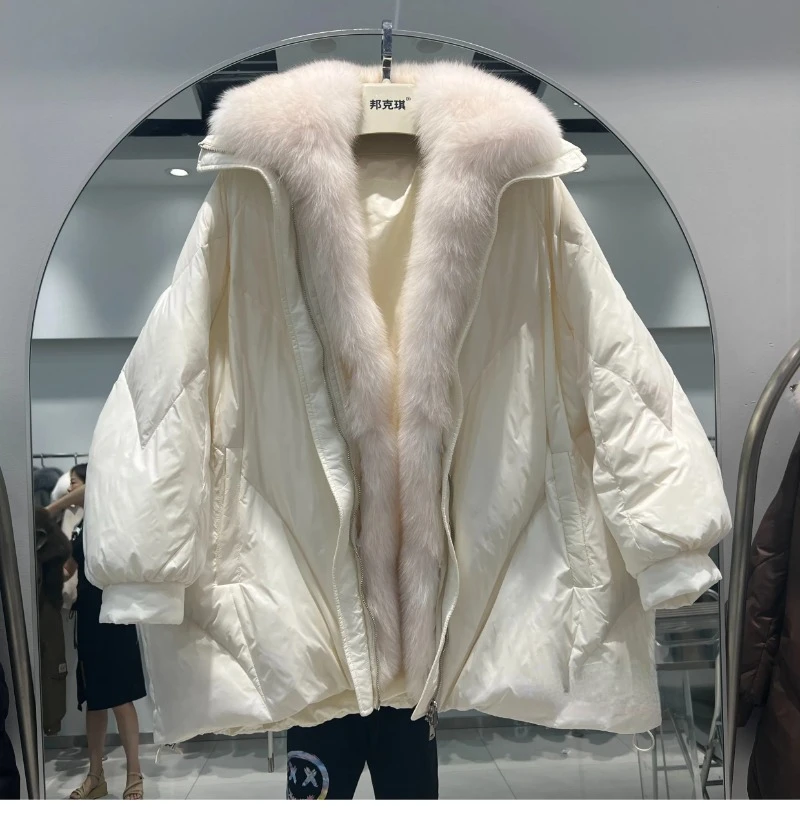 OFTBUY 2023 Real Natural Fox Fur New Winter Women White Goose Down Jacket Loose Warm Puffer Coat Female Thick Mid-Long Parkas