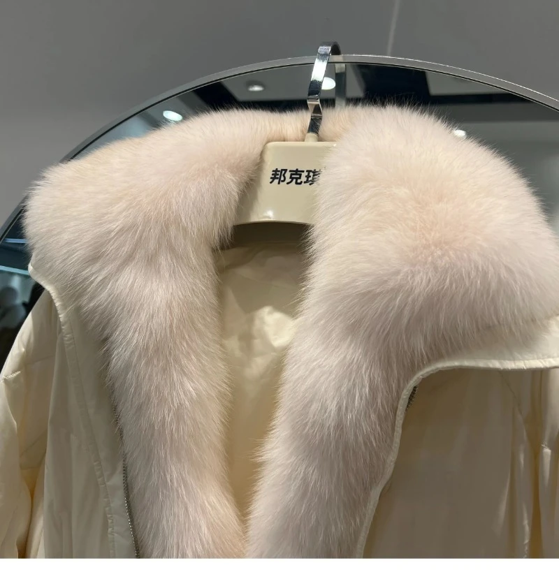 OFTBUY 2023 Real Natural Fox Fur New Winter Women White Goose Down Jacket Loose Warm Puffer Coat Female Thick Mid-Long Parkas