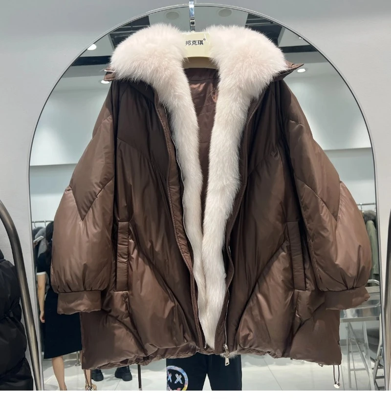 OFTBUY 2023 Real Natural Fox Fur New Winter Women White Goose Down Jacket Loose Warm Puffer Coat Female Thick Mid-Long Parkas