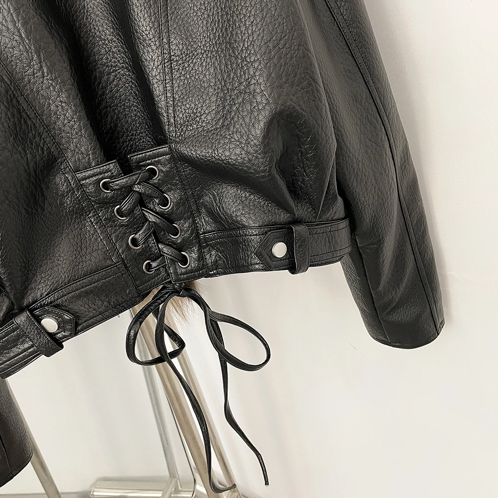 OFTBUY Women's Faux Leather Moto Jacket with Real Fox Fur Collar PU Leather Cropped Biker Coat with Lace-Up New Winter Outerwear