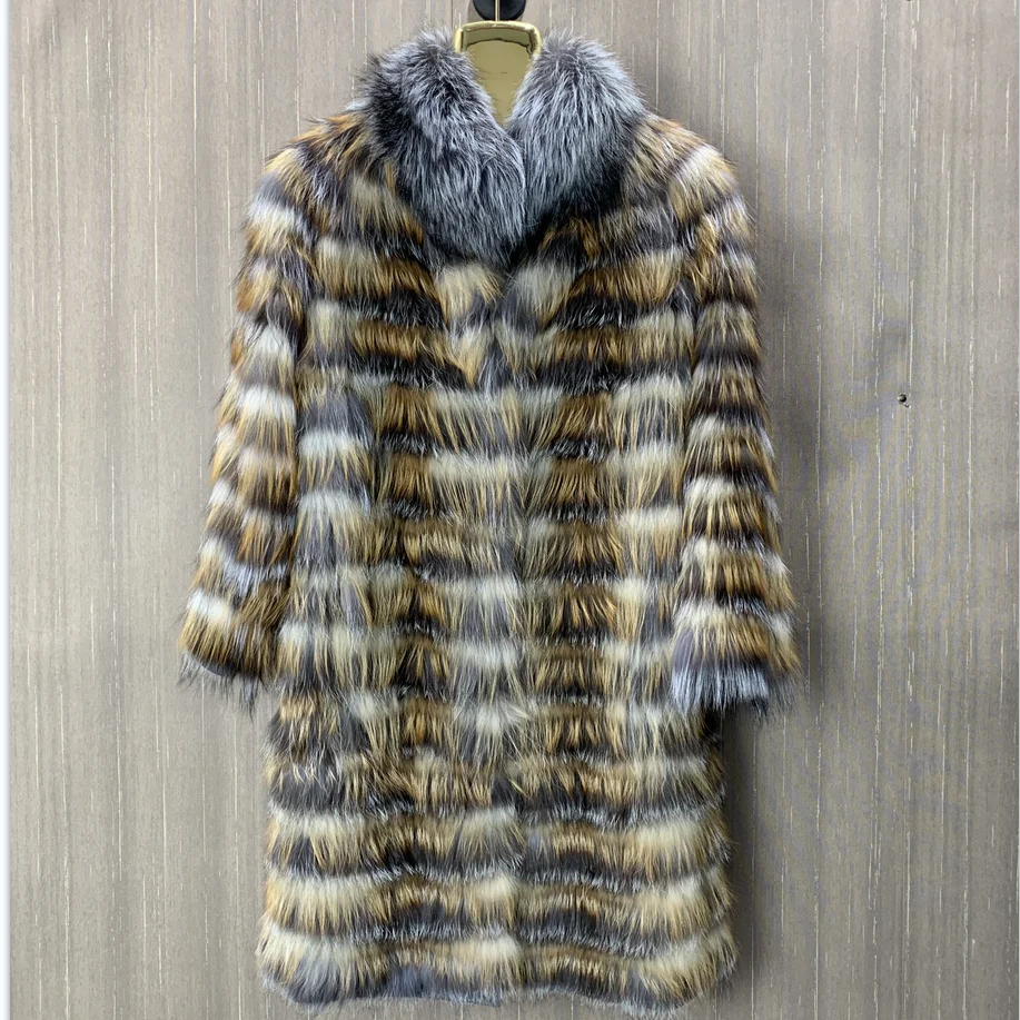 Ladies Long Real Fox Fur Coat Natural Silver Red Fox Fur Light Warm High Quality Fashionable Ladies Jacket 90cm