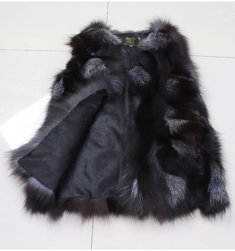 New Women Autumn Winter Long Style 100% Genuine Real Sliver Fox Fur Vest Natural Fox Fur Sleeveless Coat Lady Real Fox Fur Gilet