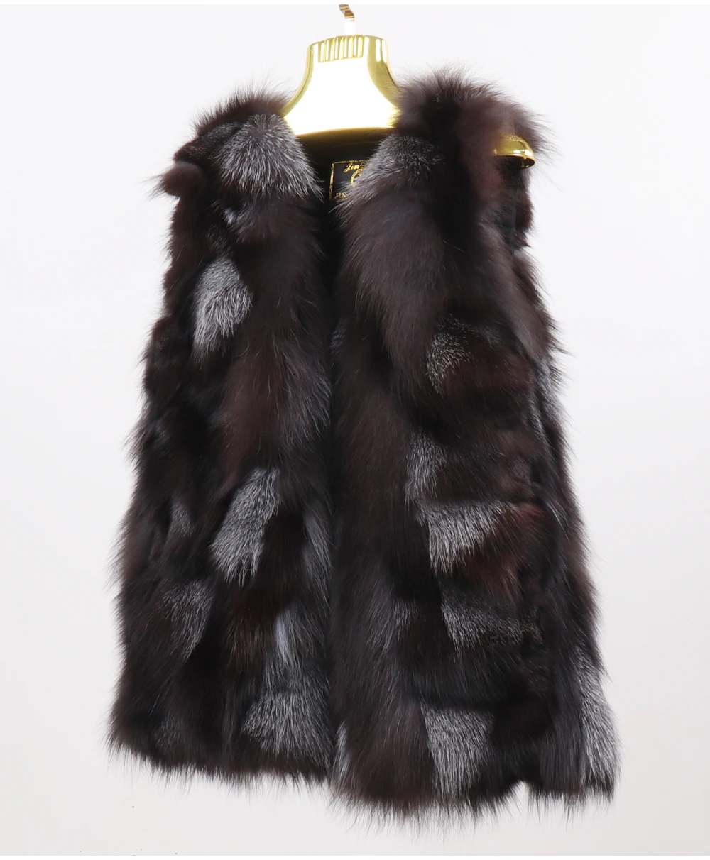 New Women Autumn Winter Long Style 100% Genuine Real Sliver Fox Fur Vest Natural Fox Fur Sleeveless Coat Lady Real Fox Fur Gilet