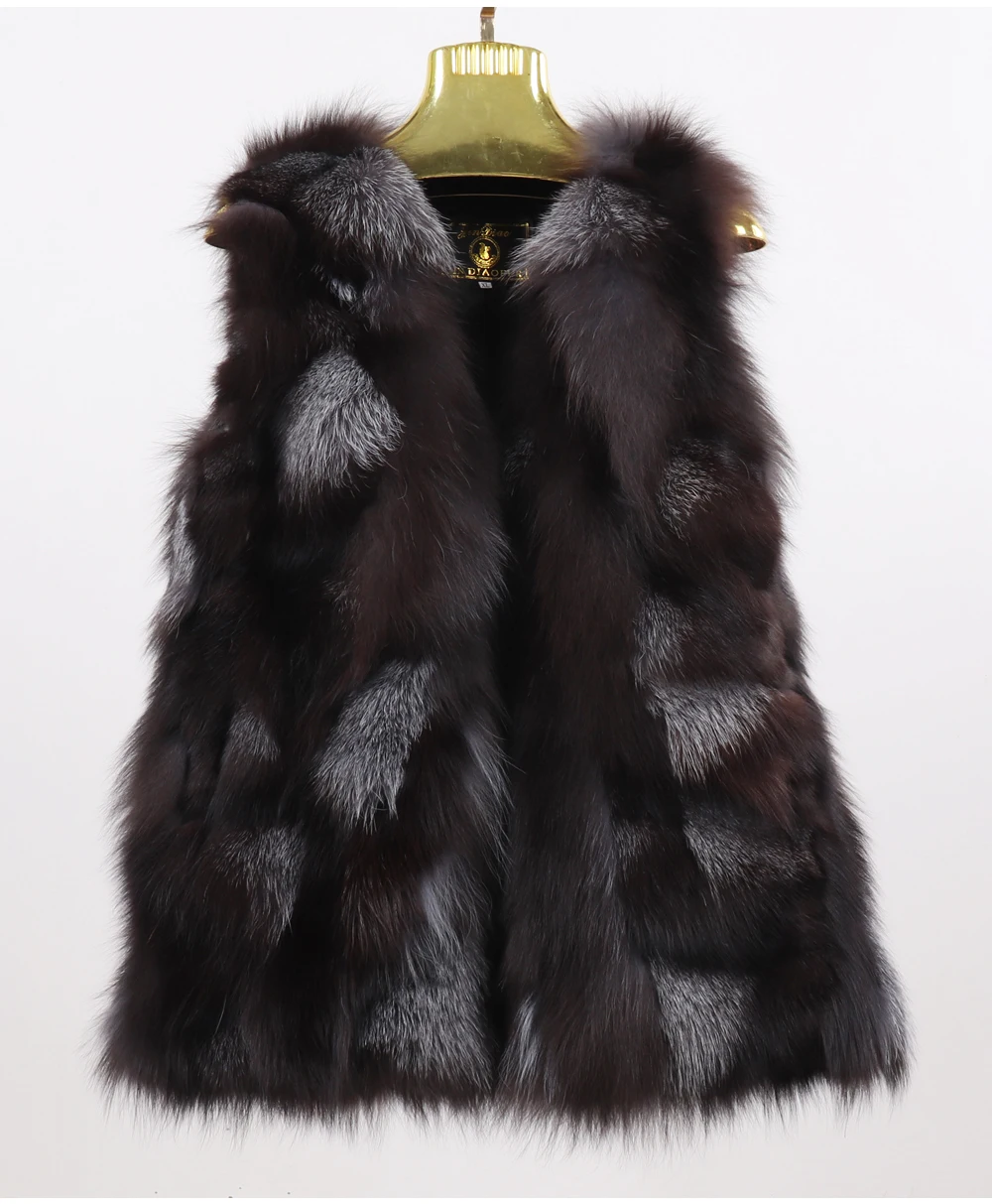 New Women Autumn Winter Long Style 100% Genuine Real Sliver Fox Fur Vest Natural Fox Fur Sleeveless Coat Lady Real Fox Fur Gilet