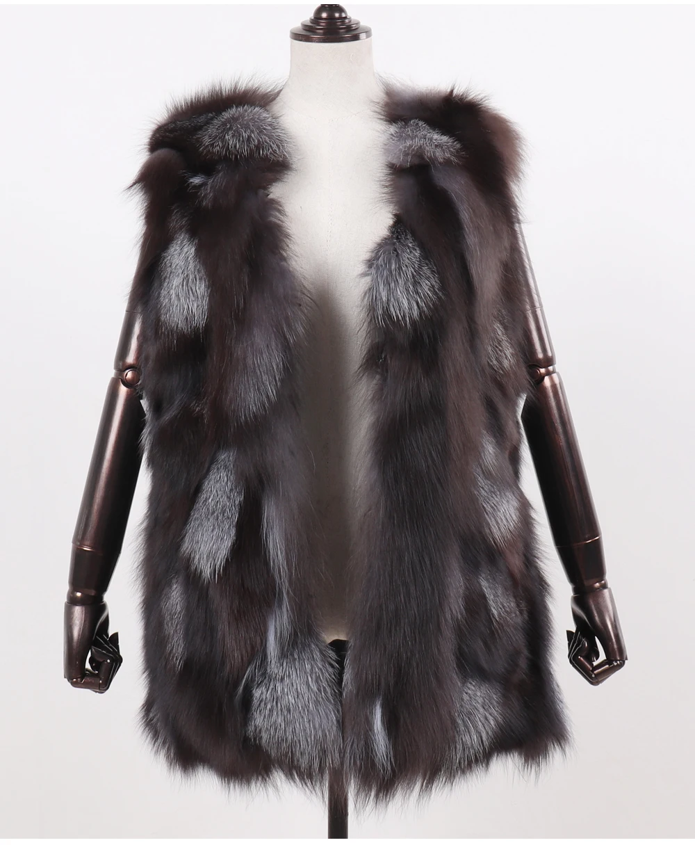 New Women Autumn Winter Long Style 100% Genuine Real Sliver Fox Fur Vest Natural Fox Fur Sleeveless Coat Lady Real Fox Fur Gilet