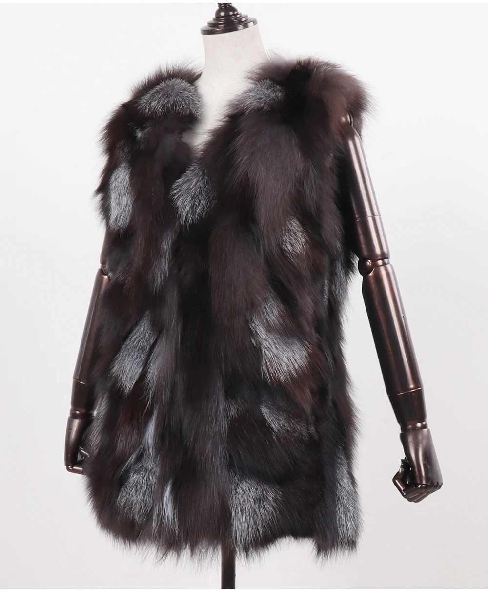 New Women Autumn Winter Long Style 100% Genuine Real Sliver Fox Fur Vest Natural Fox Fur Sleeveless Coat Lady Real Fox Fur Gilet