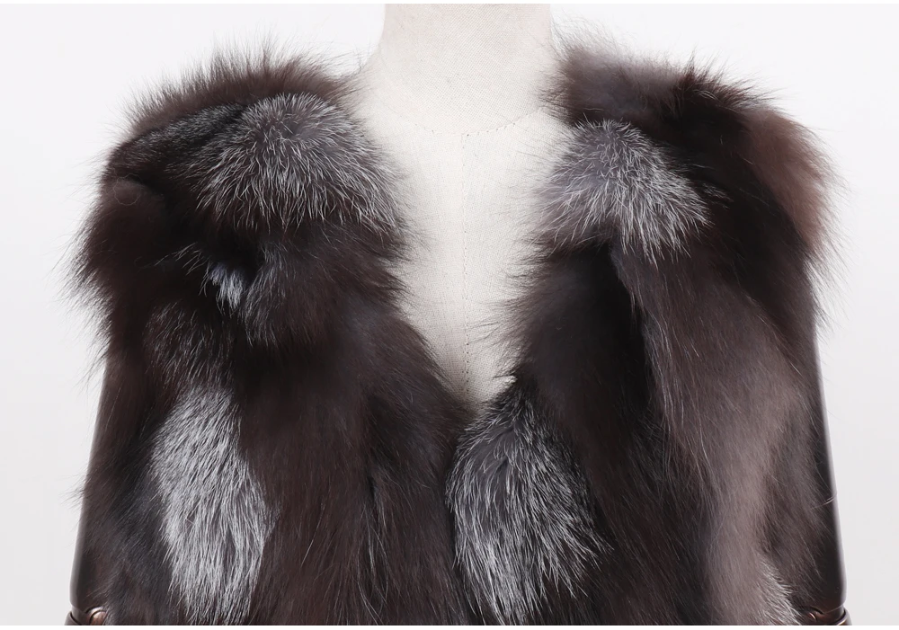 New Women Autumn Winter Long Style 100% Genuine Real Sliver Fox Fur Vest Natural Fox Fur Sleeveless Coat Lady Real Fox Fur Gilet