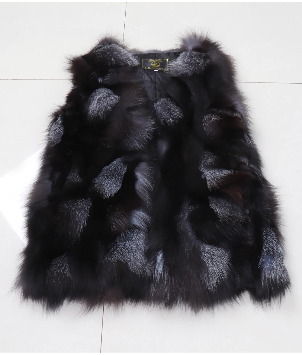 New Women Autumn Winter Long Style 100% Genuine Real Sliver Fox Fur Vest Natural Fox Fur Sleeveless Coat Lady Real Fox Fur Gilet