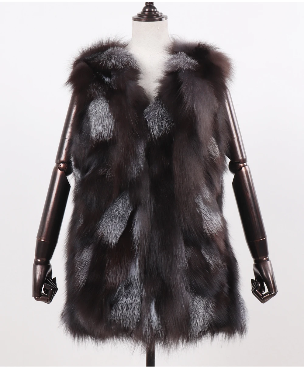 New Women Autumn Winter Long Style 100% Genuine Real Sliver Fox Fur Vest Natural Fox Fur Sleeveless Coat Lady Real Fox Fur Gilet