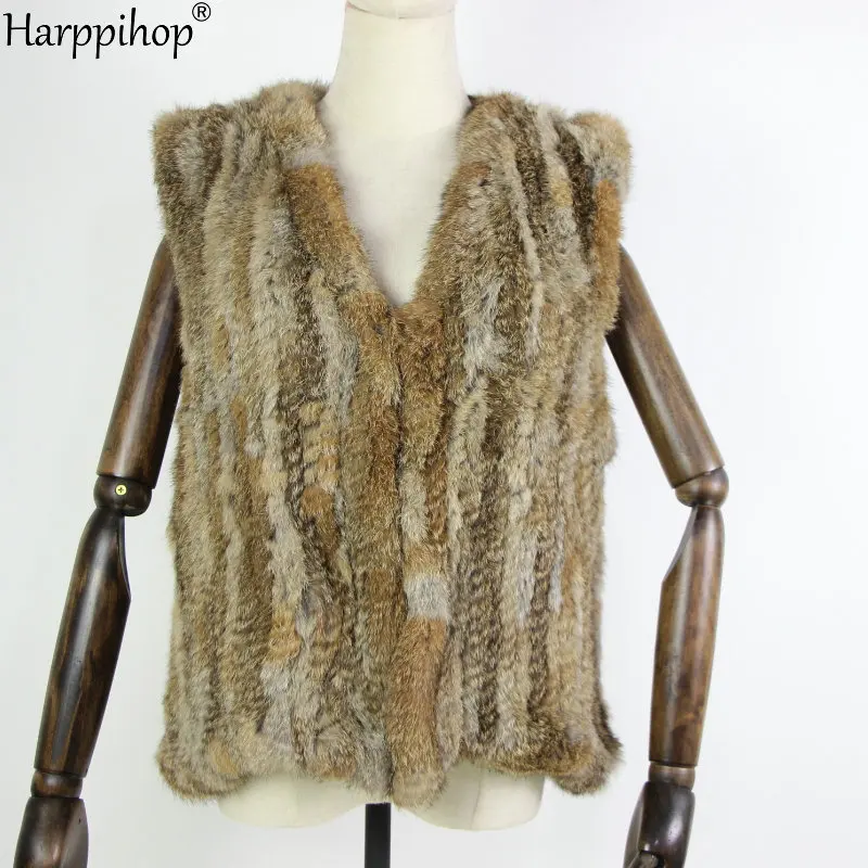 New knitted Rabbit fur vest gilet sleeveless garment waistcoat natural brown /grey/black