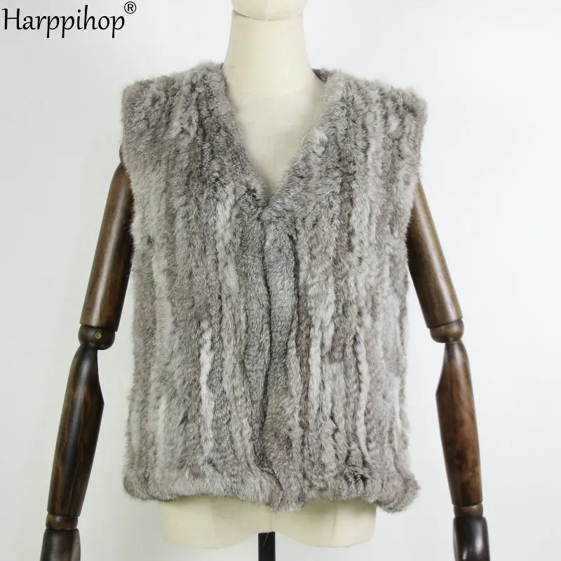 New knitted Rabbit fur vest gilet sleeveless garment waistcoat natural brown /grey/black