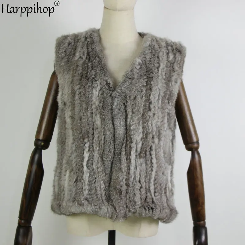 New knitted Rabbit fur vest gilet sleeveless garment waistcoat natural brown /grey/black