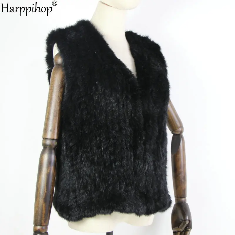 New knitted Rabbit fur vest gilet sleeveless garment waistcoat natural brown /grey/black