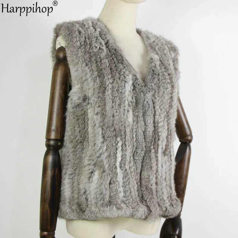 New knitted Rabbit fur vest gilet sleeveless garment waistcoat natural brown /grey/black