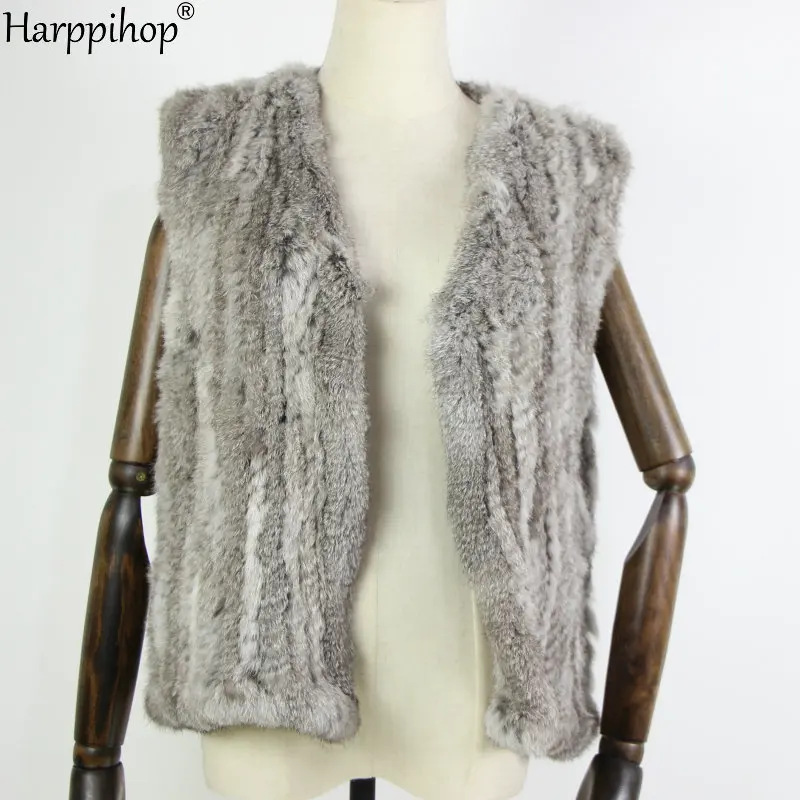 New knitted Rabbit fur vest gilet sleeveless garment waistcoat natural brown /grey/black