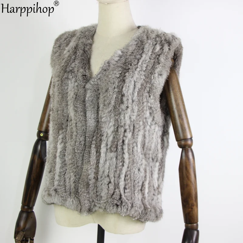 New knitted Rabbit fur vest gilet sleeveless garment waistcoat natural brown /grey/black