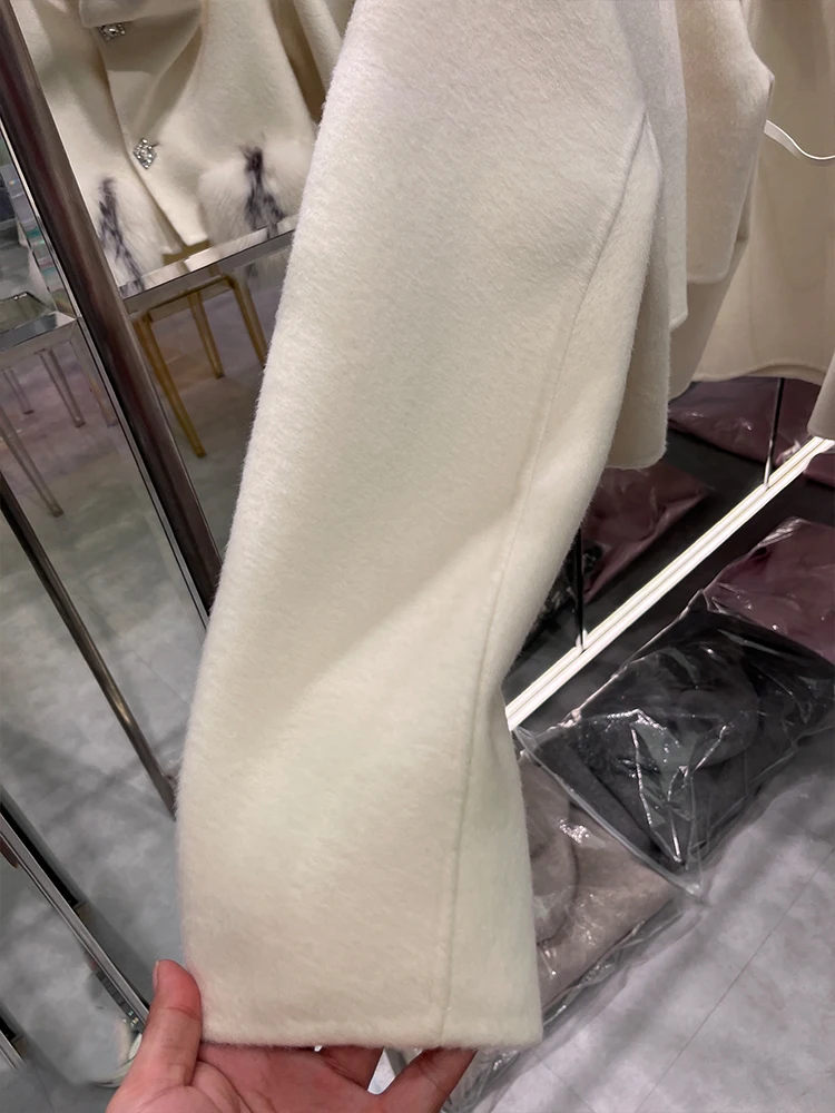 2024 New Fashion Winter Cashmere Wool Woolen Coat Real Fur Jacket Women Natural Fox Fur Pocket Ladies Outerwear Female Coat
