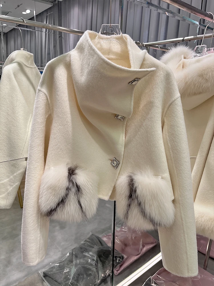 2024 New Fashion Winter Cashmere Wool Woolen Coat Real Fur Jacket Women Natural Fox Fur Pocket Ladies Outerwear Female Coat