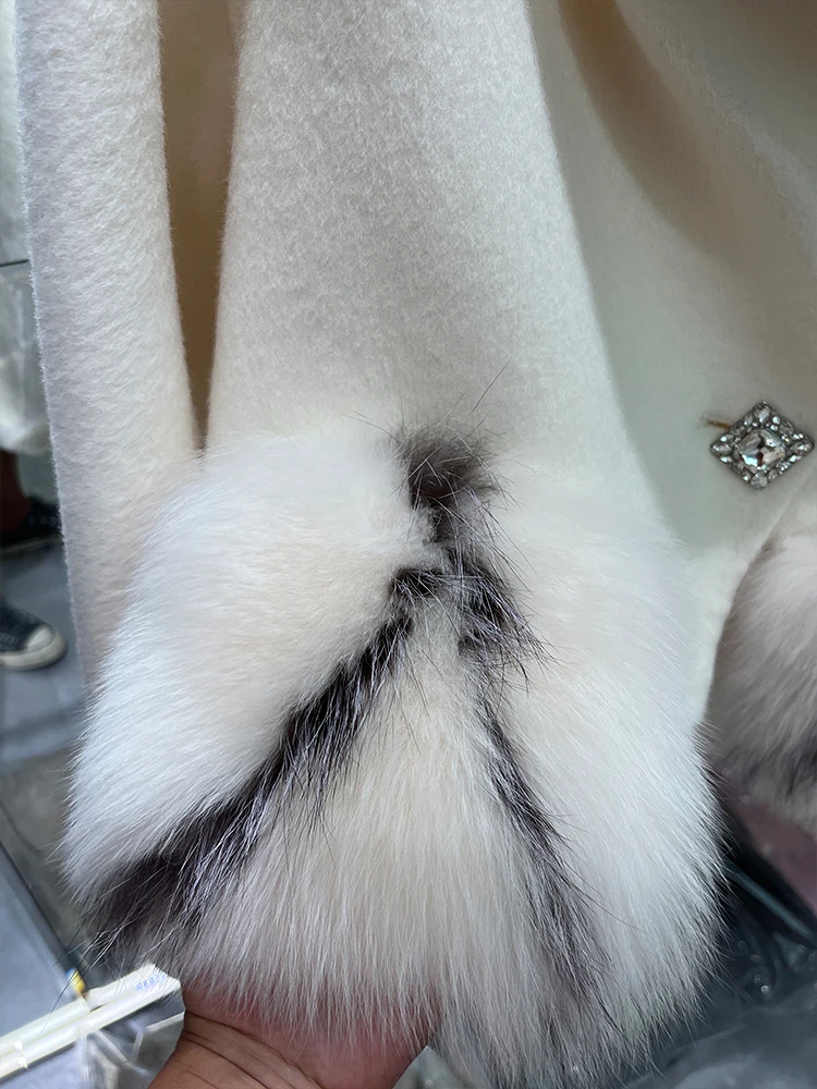 2024 New Fashion Winter Cashmere Wool Woolen Coat Real Fur Jacket Women Natural Fox Fur Pocket Ladies Outerwear Female Coat