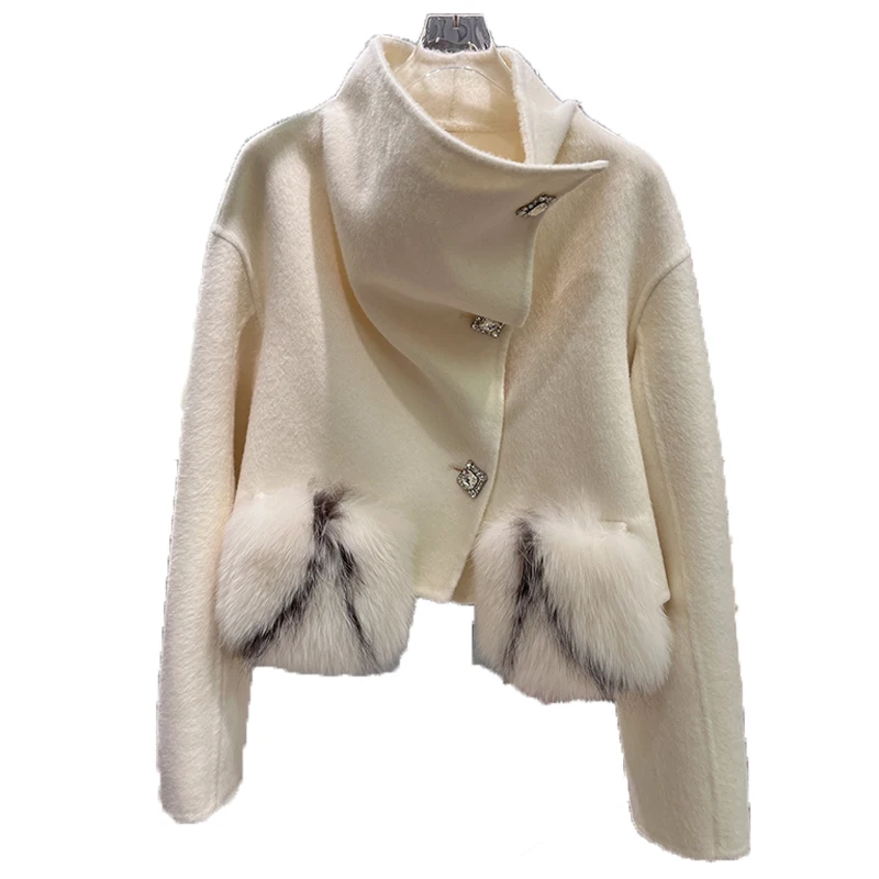 2024 New Fashion Winter Cashmere Wool Woolen Coat Real Fur Jacket Women Natural Fox Fur Pocket Ladies Outerwear Female Coat