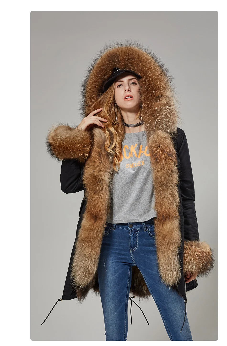 Maomaokong Natural Real Fur Lining Winter Women Jacket Long Fox Fur Coat Raccoon Fur Collar Hooded Thick Black Waterproof Parkas