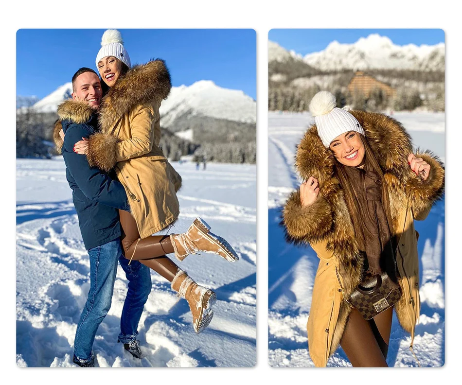 Maomaokong Natural Real Fur Lining Winter Women Jacket Long Fox Fur Coat Raccoon Fur Collar Hooded Thick Black Waterproof Parkas