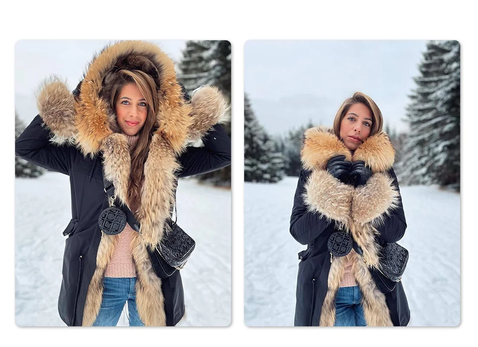 Maomaokong Natural Real Fur Lining Winter Women Jacket Long Fox Fur Coat Raccoon Fur Collar Hooded Thick Black Waterproof Parkas