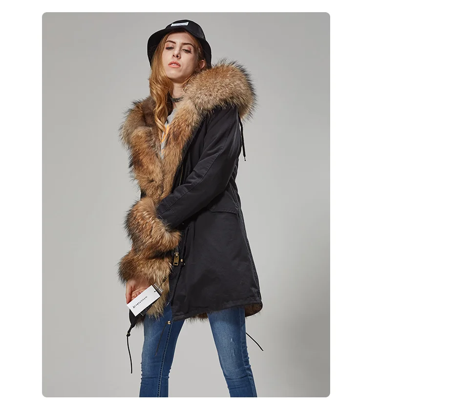 Maomaokong Natural Real Fur Lining Winter Women Jacket Long Fox Fur Coat Raccoon Fur Collar Hooded Thick Black Waterproof Parkas