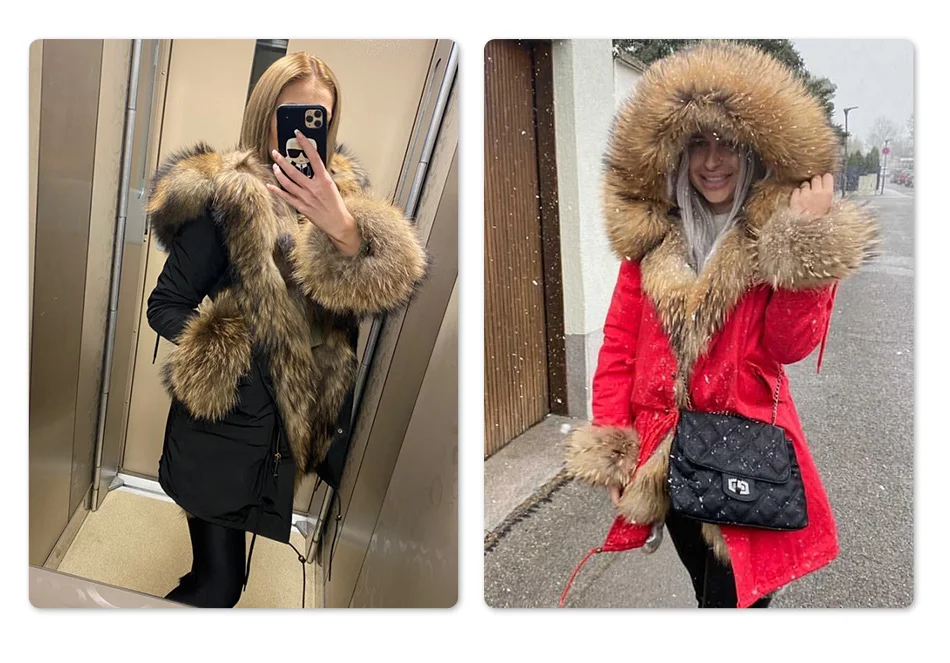 Maomaokong Natural Real Fur Lining Winter Women Jacket Long Fox Fur Coat Raccoon Fur Collar Hooded Thick Black Waterproof Parkas
