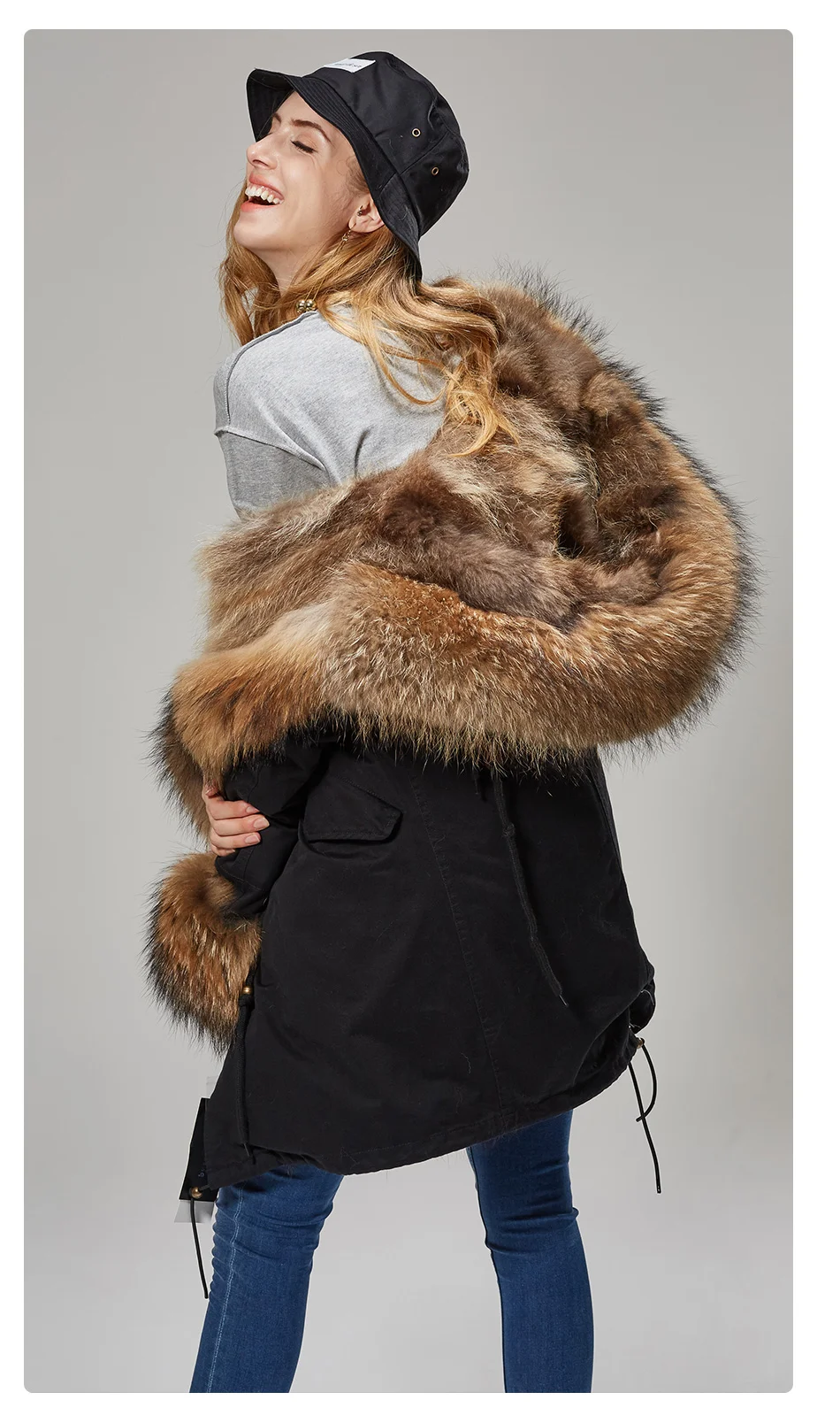 Maomaokong Natural Real Fur Lining Winter Women Jacket Long Fox Fur Coat Raccoon Fur Collar Hooded Thick Black Waterproof Parkas