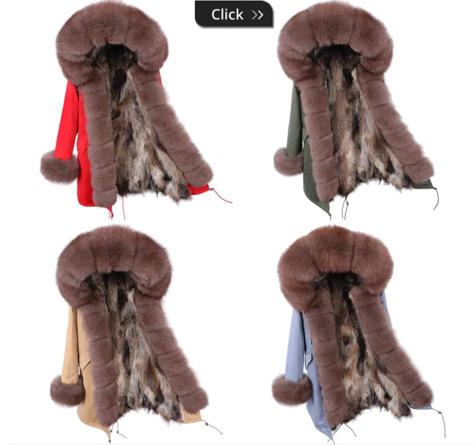 Maomaokong Natural Real Fur Lining Winter Women Jacket Long Fox Fur Coat Raccoon Fur Collar Hooded Thick Black Waterproof Parkas