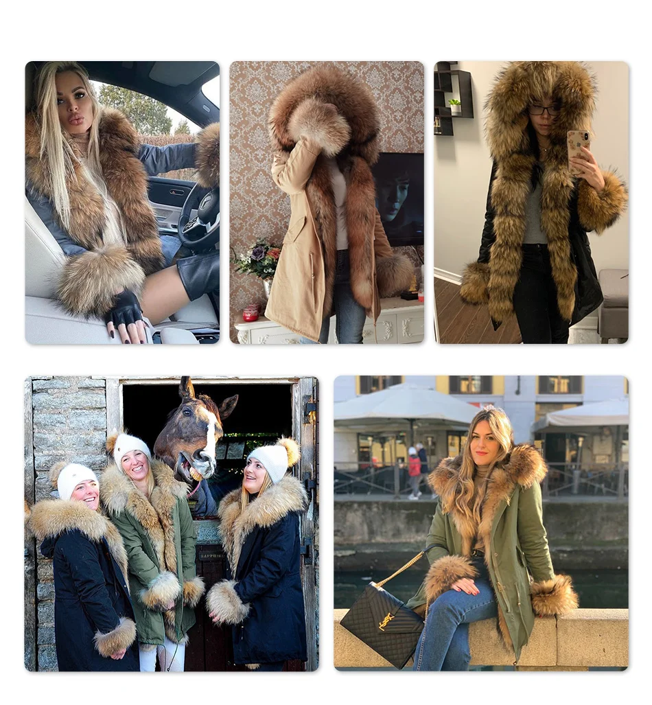Maomaokong Natural Real Fur Lining Winter Women Jacket Long Fox Fur Coat Raccoon Fur Collar Hooded Thick Black Waterproof Parkas