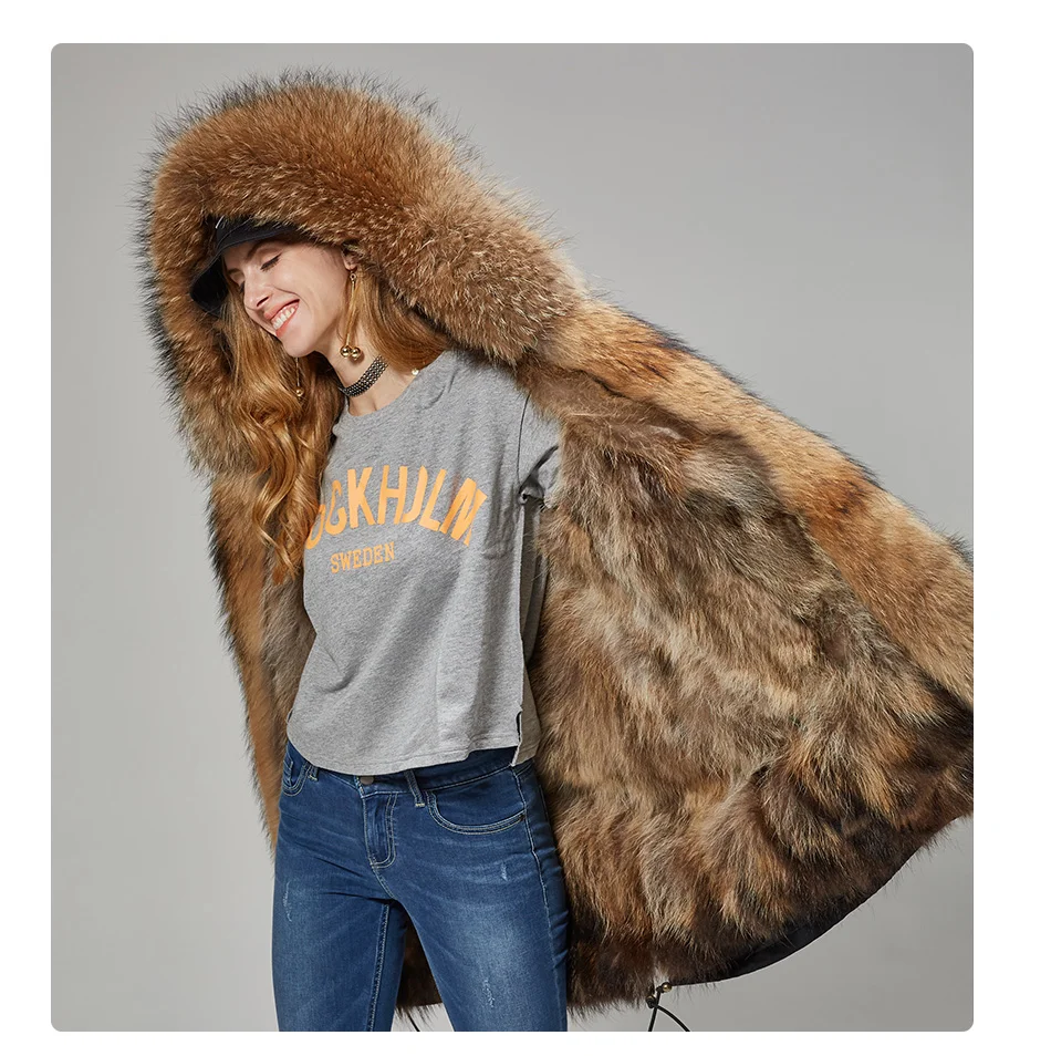 Maomaokong Natural Real Fur Lining Winter Women Jacket Long Fox Fur Coat Raccoon Fur Collar Hooded Thick Black Waterproof Parkas