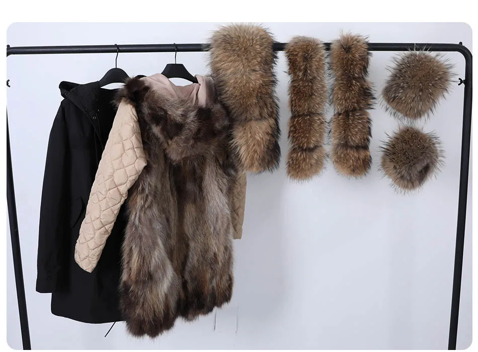 Maomaokong Natural Real Fur Lining Winter Women Jacket Long Fox Fur Coat Raccoon Fur Collar Hooded Thick Black Waterproof Parkas