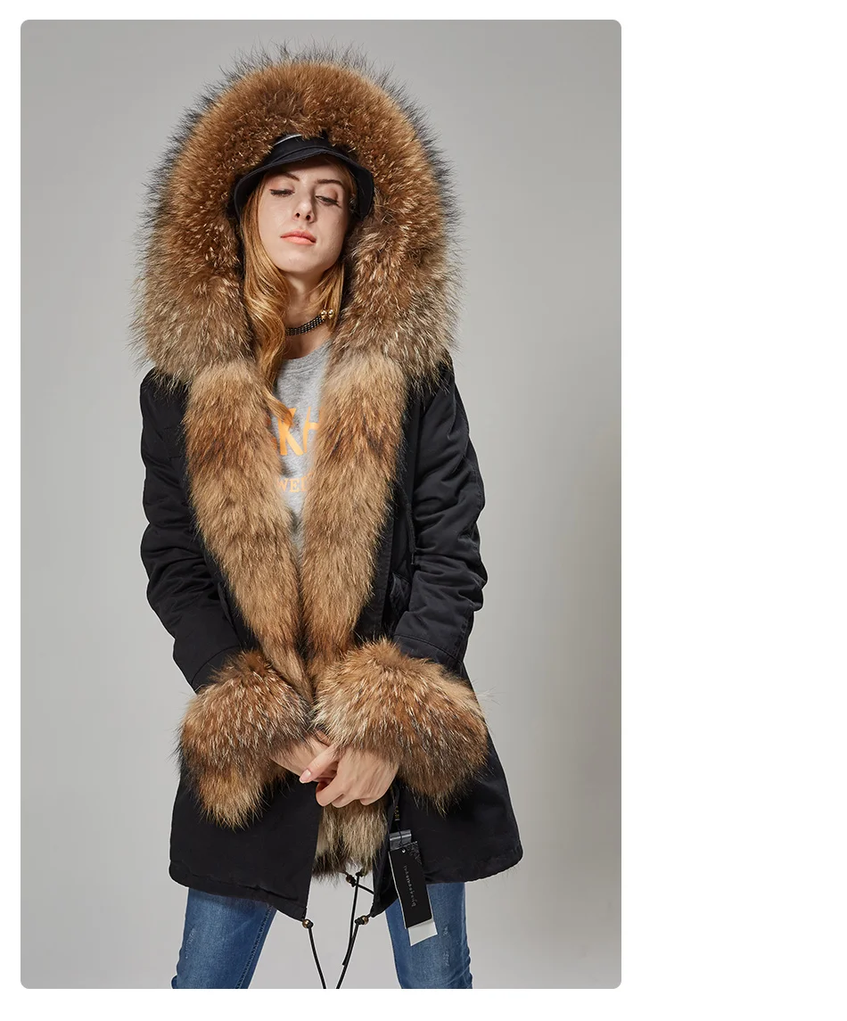 Maomaokong Natural Real Fur Lining Winter Women Jacket Long Fox Fur Coat Raccoon Fur Collar Hooded Thick Black Waterproof Parkas