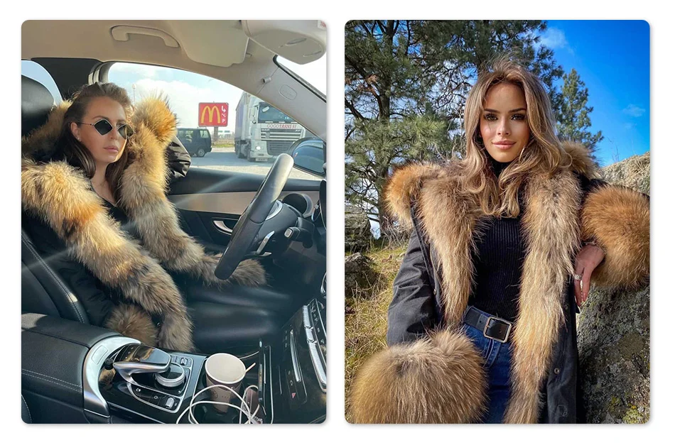 Maomaokong Natural Real Fur Lining Winter Women Jacket Long Fox Fur Coat Raccoon Fur Collar Hooded Thick Black Waterproof Parkas