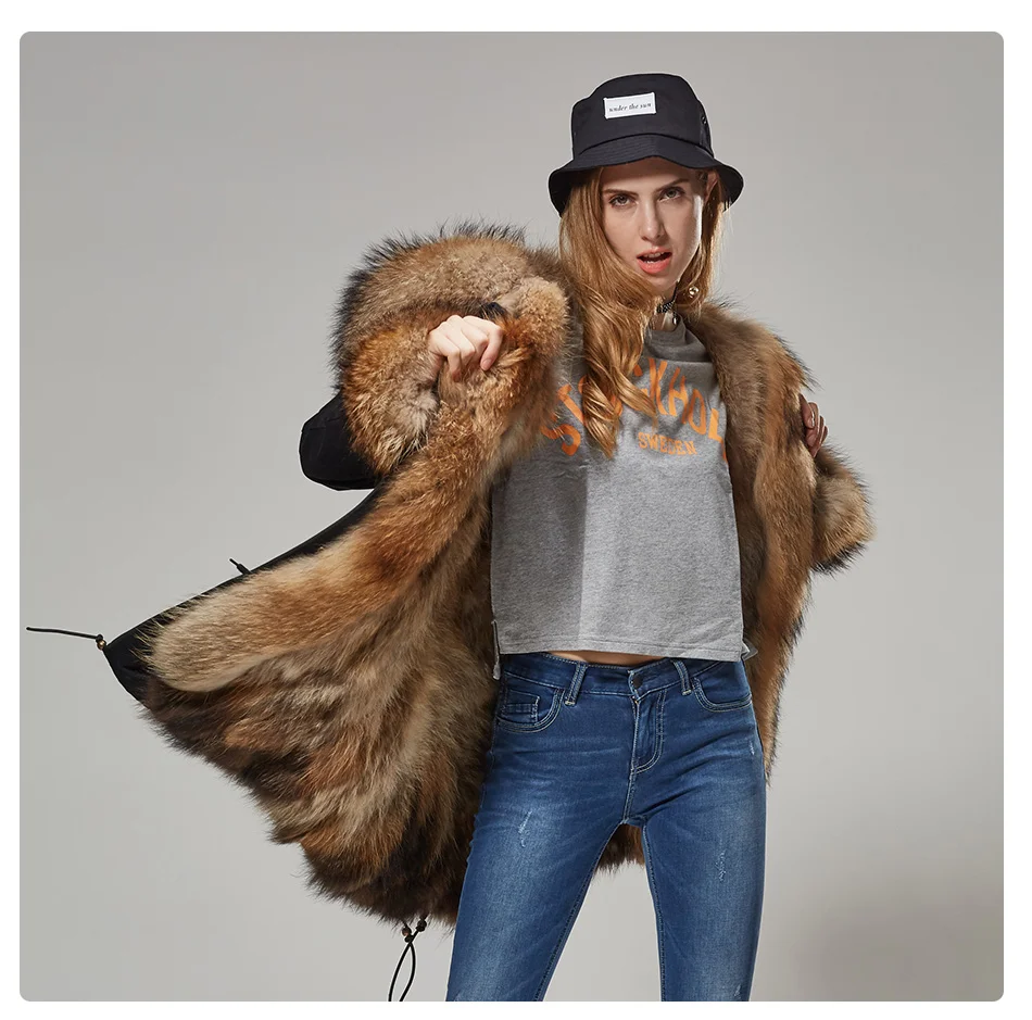 Maomaokong Natural Real Fur Lining Winter Women Jacket Long Fox Fur Coat Raccoon Fur Collar Hooded Thick Black Waterproof Parkas